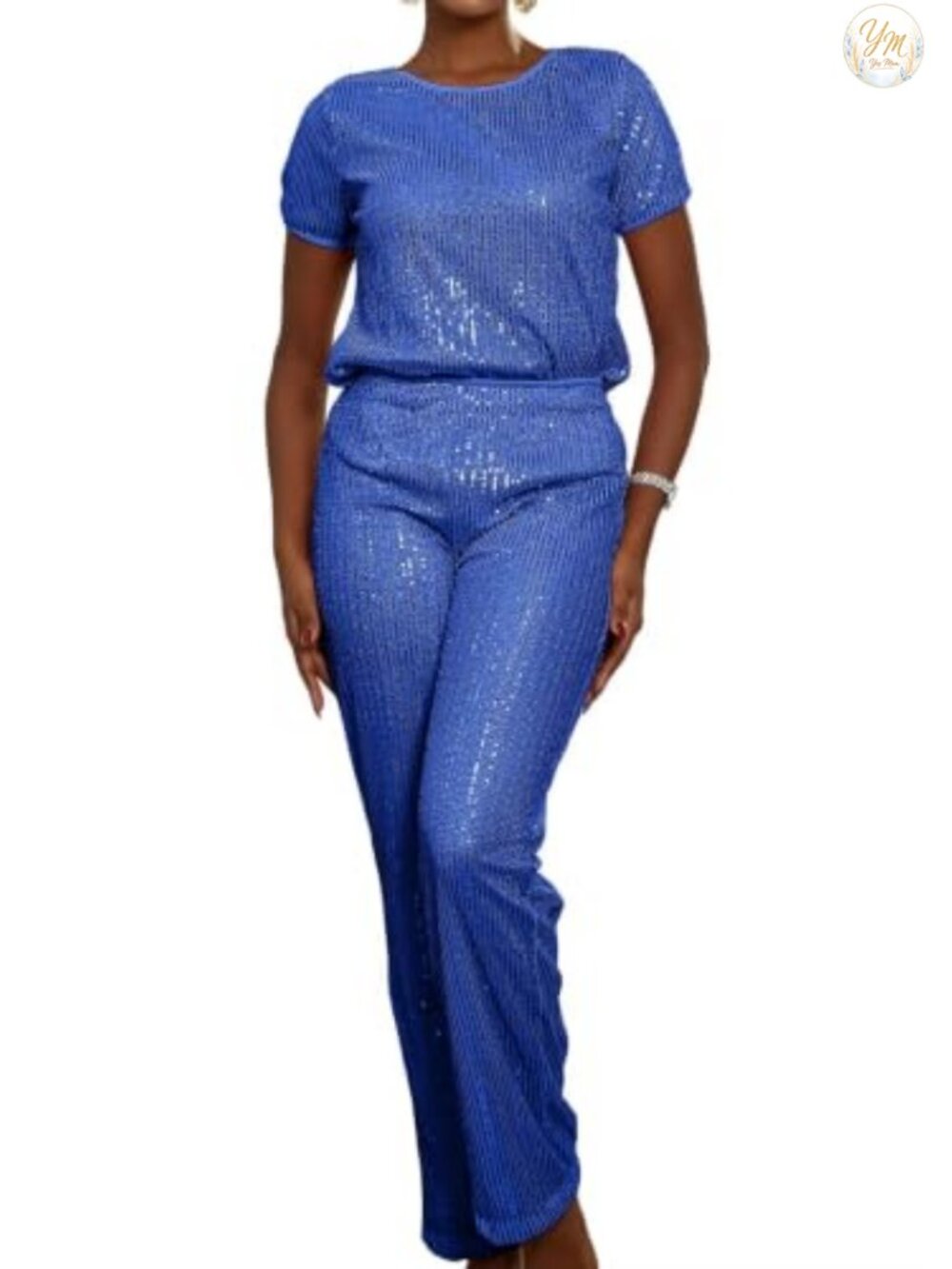 Sequin Two Piece Set Short Sleeve Top Sparkly Wide Leg Pants Party Disco Outfit